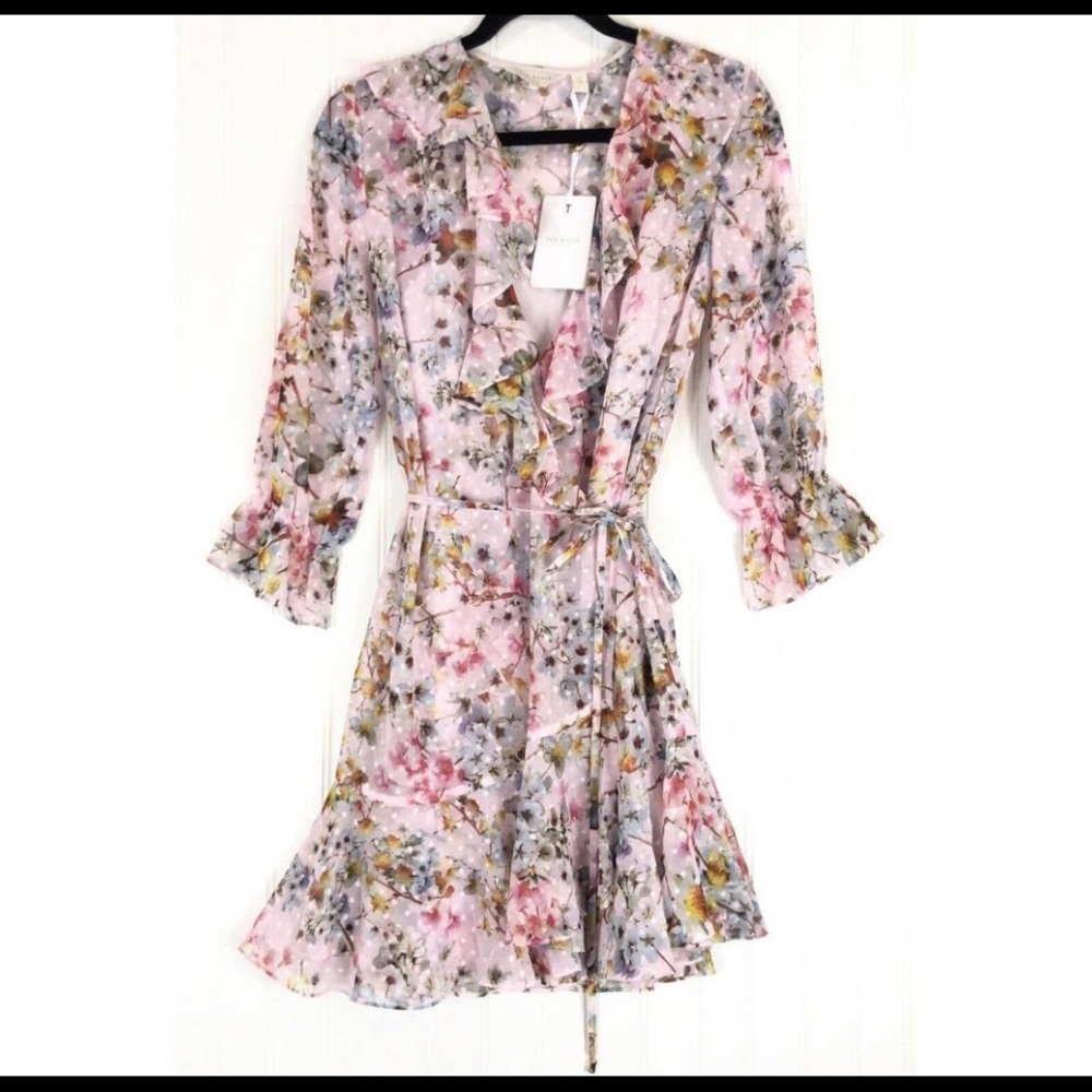 Ted Baker dress light pink Gracye Jasmine print ruffle crepe wrap.